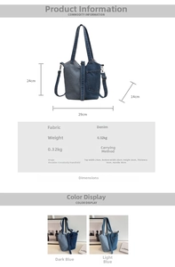 Detailed size specifications for a denim bucket bag with dimensions and weight info