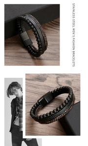Detail of multi-layer men's bracelet with black beads and woven leather with magnetic clasp