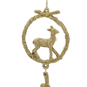 Golden glitter reindeer ornament with circular frame and rustic jute rope for Christmas trees