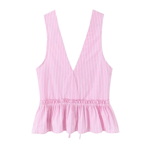 Pink striped V-neck sleeveless peplum top with fine vertical pattern for women