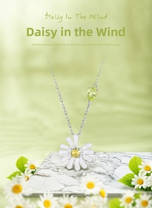 Detail showing S925 sterling silver daisy pendant with enamel petals and yellow gemstone