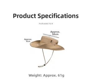 Detail view of khaki sun hat with 9cm brim, 58cm circumference and adjustable cord