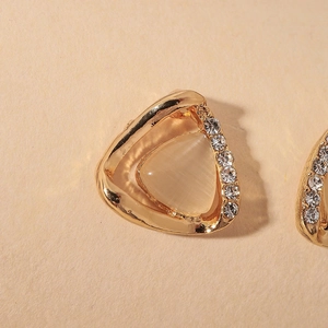 Minimalist triangular cat eye stone earrings with diamonds in gold-tone finish