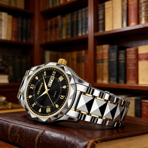 Macro detail of quartz watch with double calendar and diamond dial on vintage leather book