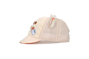 Detail of baby baseball cap with mesh back and cute 3D ears featuring Baby embroidery