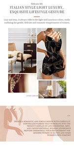 Détail de nuisette en satin noir avec motif feuilles dorées et collier chaîne de luxe