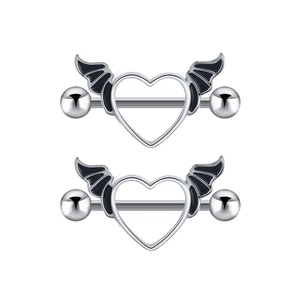 Pair of stainless steel nipple rings featuring black heart bat wing shields for piercing