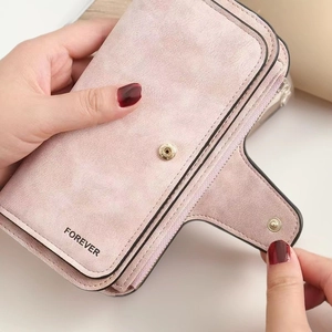 Pink matte faux suede long wallet for women featuring a magnetic flap and Forever text