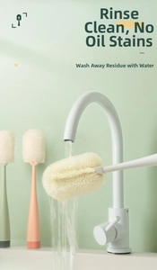Detail of detachable long handle cup brushes in white, orange and green colors