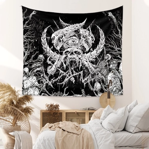Bohemian black and white skull tapestry for wall decoration in a minimalist bedroom