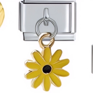 Macro detail of Italian modular charm with yellow enamel flower on stainless steel link