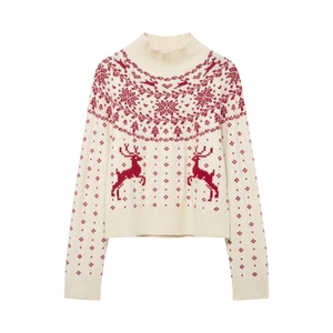 Christmas Knit Sweater Reindeer Snowflake Pattern Mock Neck Long Sleeve Acrylic Polyester Jacquard Pullover For Women