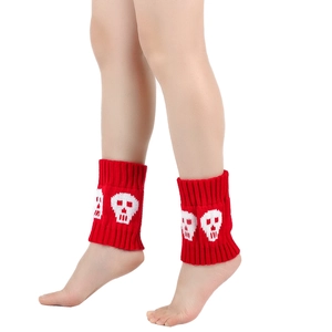 Red knitted leg warmers with white skull pattern for boots, warm winter foot covers