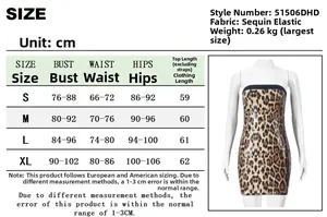 Tableau des tailles pour robe bustier léopard à paillettes avec mesures et détails tissu
