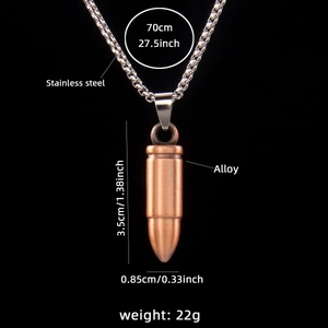 Vintage bronze bullet pendant necklace with dimensions and stainless steel chain details