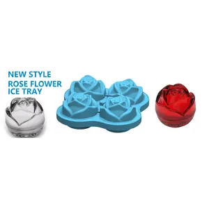 Blue food-grade silicone 4-cavity rose ice mold producing realistic flower shapes