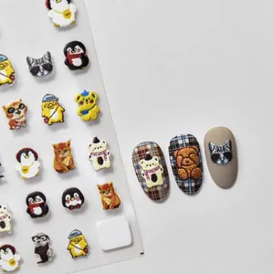 3D embossed animal embroidery nail stickers with cute cat and polar bear textures