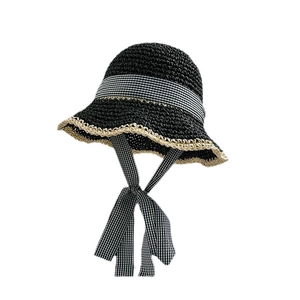 Handmade black crochet straw sun hat with gingham bow and wide brim for sun protection