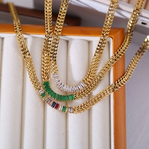 Golden double-layer flat chain necklace featuring rectangular zircon pendant in three colors