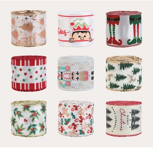 Detail showing 9 rolls of Christmas ribbons with nutcracker, tree and ginger man prints