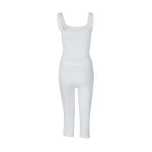 Detail of ribbed knit fabric texture and lace-up drawstring on white two-piece set