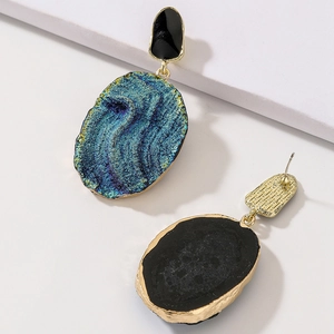 Detail view of oval oil painting earrings with colorful blue and green mineral texture
