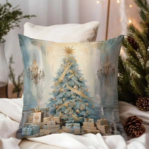 Detailed close-up of a blue Christmas tree pillowcase on a soft white fabric surface