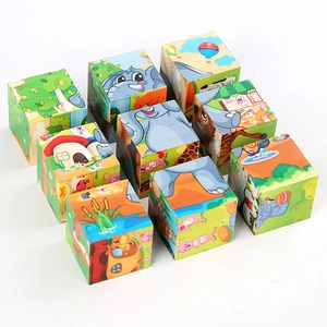 9-piece 3D wooden cube puzzle featuring colorful cartoon animals for toddlers