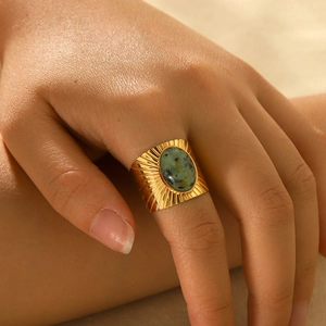 Retro French Court Style Stainless Steel Wide Band Open Ring With Oval Green Spotted Natural Stone For Women