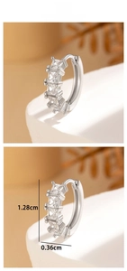 Detail showing dimensions of square zircon silver hoop earrings measuring 1.28cm in height