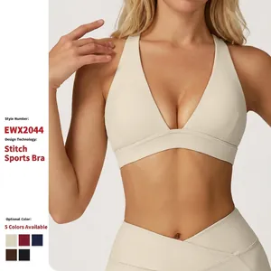Women's Criss-Cross Back Sports Bra Nylon Spandex V-Neck Wireless Padded Workout Yoga Bra For Running Fitness Gym Top