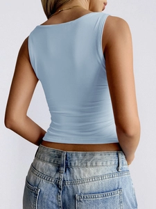 Light blue Y2K tight sleeveless tank top for women showing back view on white background