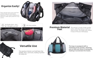 Black nylon tote detail with striped lining and triple-layer storage compartments