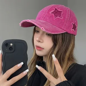 Pink washed cotton baseball cap for women with shiny magenta glitter star embroidery