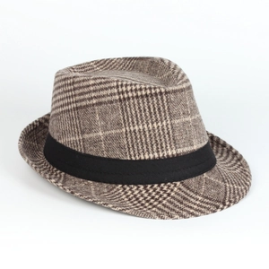 Classic British style wool brown plaid fedora hat with black ribbon for men and women