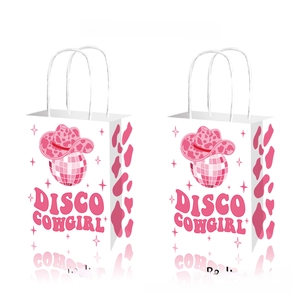 Detailed front and back views of pink Disco Cowgirl theme paper gift bags with handles