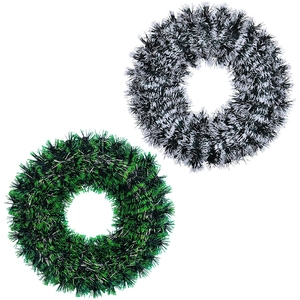 Set of two 42cm Christmas tinsel wreaths in green and silver for festive decoration.