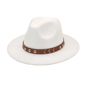 Detail of white wool felt fedora featuring a brown leather band with silver metal rivets