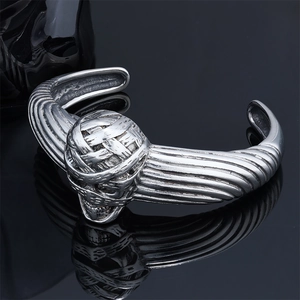 Gothic mummy skull stainless steel open cuff bracelet with vintage silver punk texture