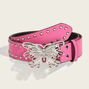 Fashion Women Faux Leather Belt Silver Butterfly Buckle Rivet Studded Punk Style Waistband For Jeans Casual Accessories