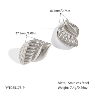 Detailed view of silver stainless steel leaf earrings showing 27.8mm by 18.7mm dimensions