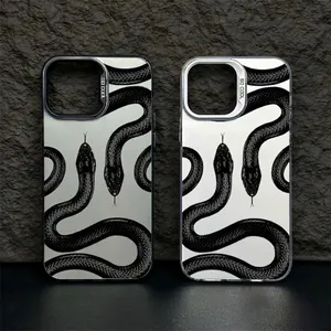 Creative Python Snake Pattern Mirror Phone Case For iPhone 16 15 14 13 12 11 Pro Max Cool Dark Style Animal Graphic Shockproof PC Protective Cover