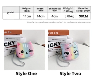 Size chart showing mini kids' crossbody bag dimensions 11x14x4cm and cat ear design