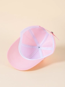 Inside view of pink baseball cap showing reinforced white lining and metal buckle