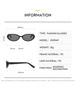 Detailed sizing chart and technical specifications for oval frame fashion sunglasses