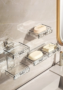 Detail of wall-mounted drawer soap box with glacial texture in transparent finish