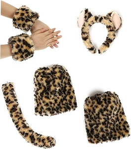 Detailed view of plush leopard cat ears, tail and paw gloves for Halloween costumes