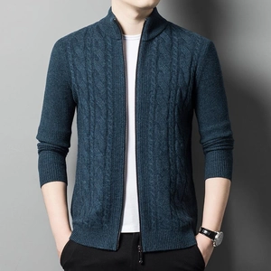 Men's dark blue zip-up knit cardigan with a stand collar and textured cable pattern