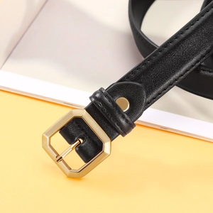 Women's black leather belt with a minimalist golden hexagonal buckle for dresses
