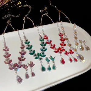 Luxurious flower and wheat ear jewelry set with crystal stones and matching earrings